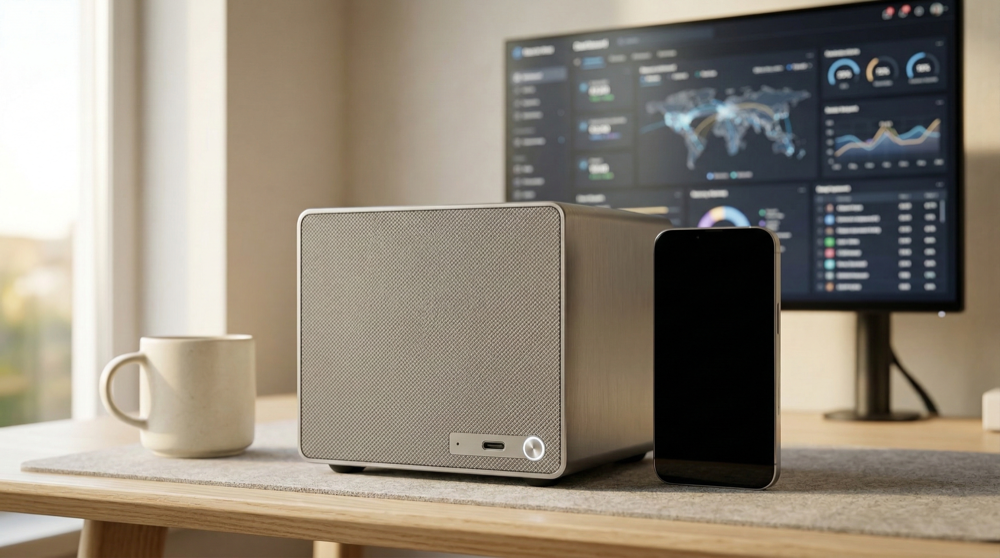 ENVO Server on desk next to iPhone — compact palm-sized form factor